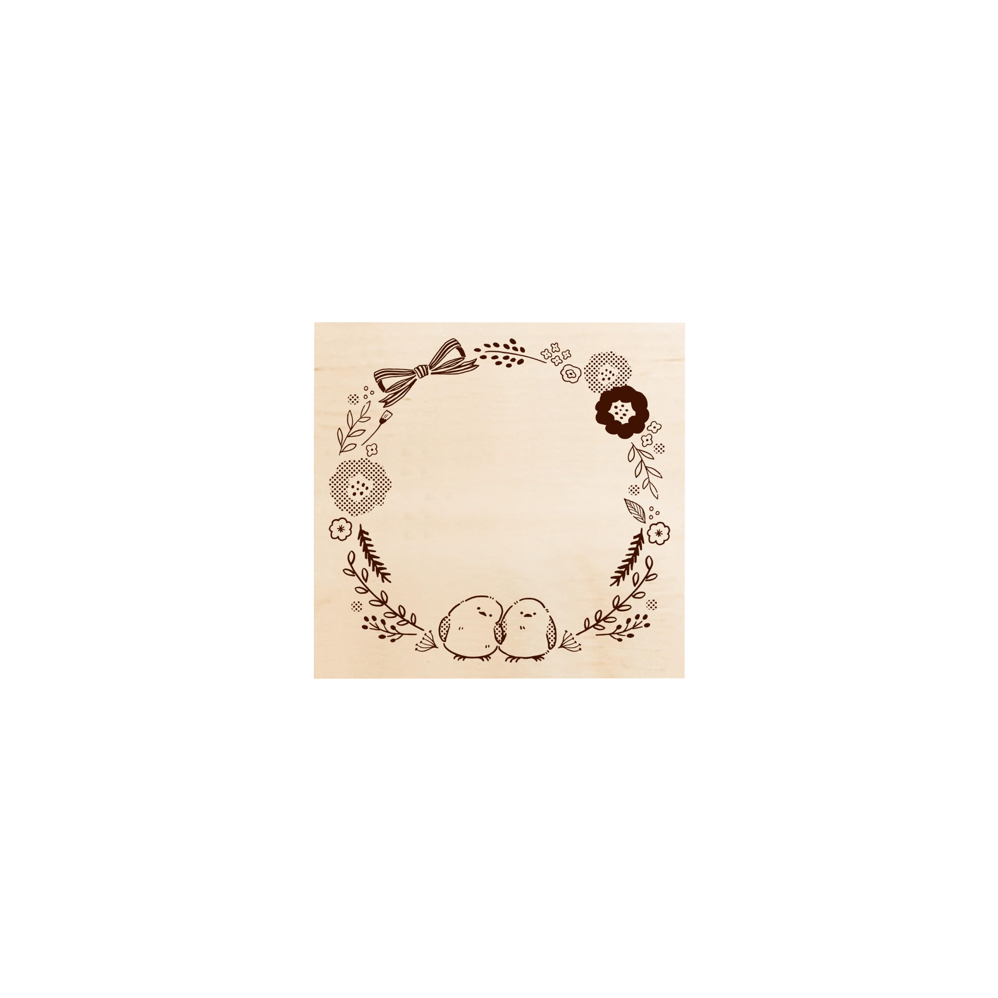 A square rubber stamp with a floral and bird design in a beige color on a white background.
