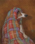 Alison Friend painting of a dog wrapped in a colorful plaid blanket on a patterned background