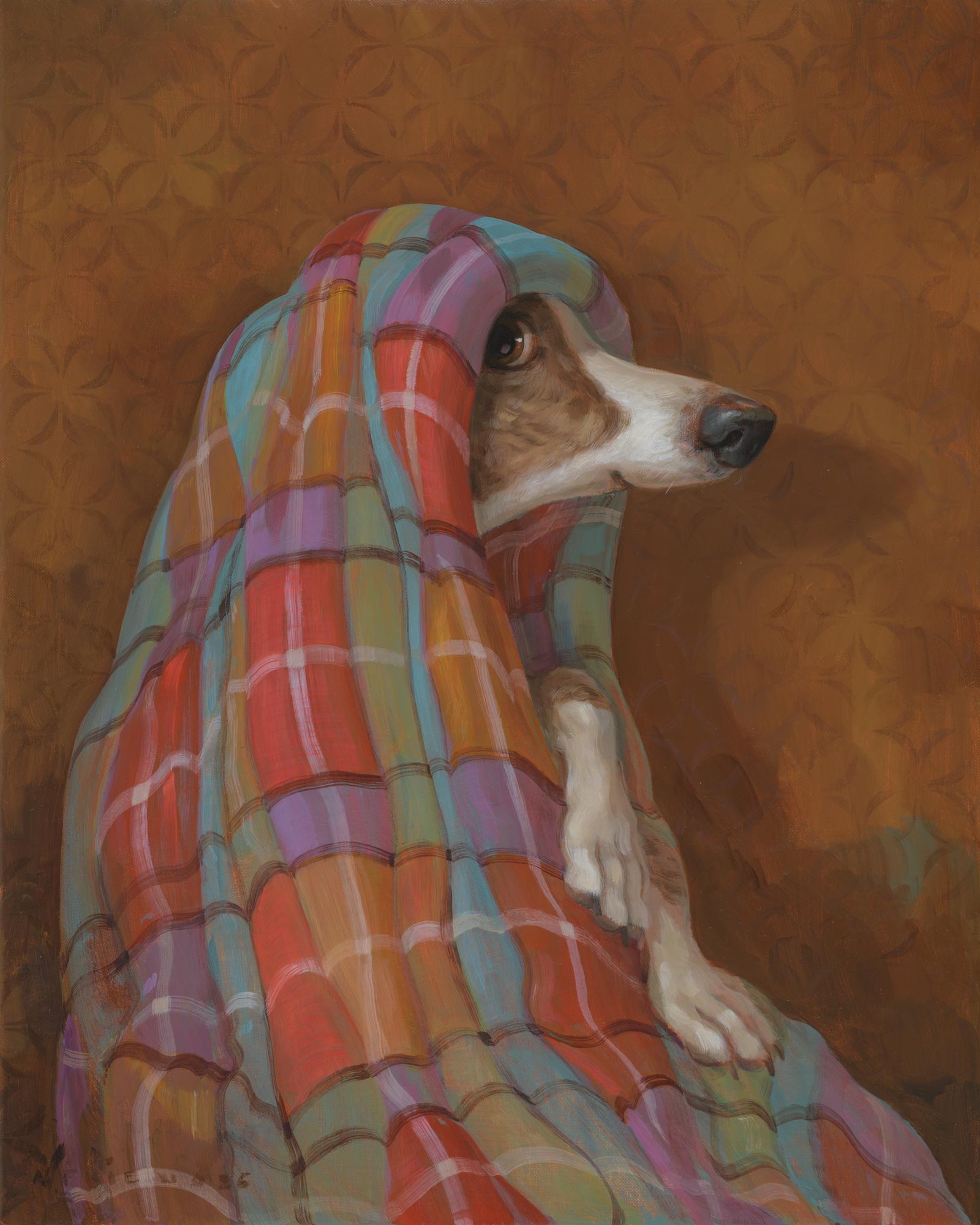 Alison Friend painting of a dog wrapped in a colorful plaid blanket on a patterned background