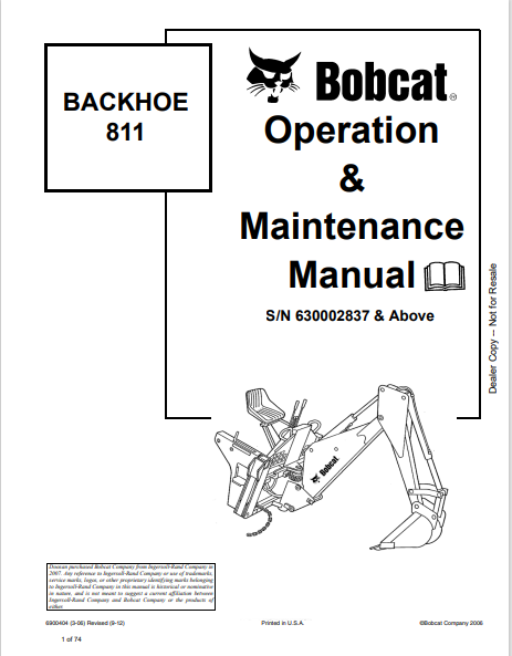 Bobcat 811 BACKHOE Operation & Maintenance Manual 6900404 - PDF