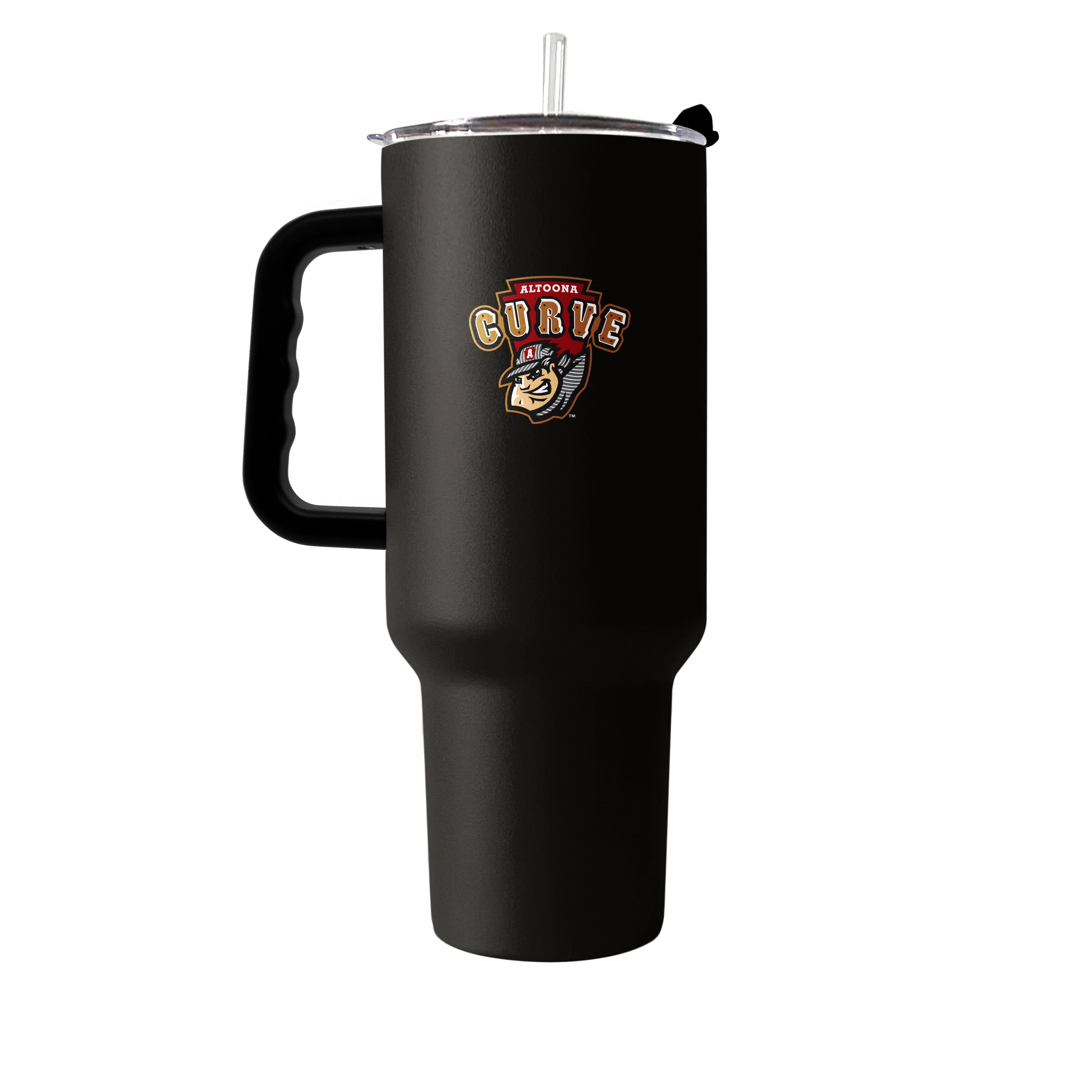 Altoona Curve 40oz Flipside powder coat tumbler, durable drinkware with team logo, black finish, and spill-resistant lid.