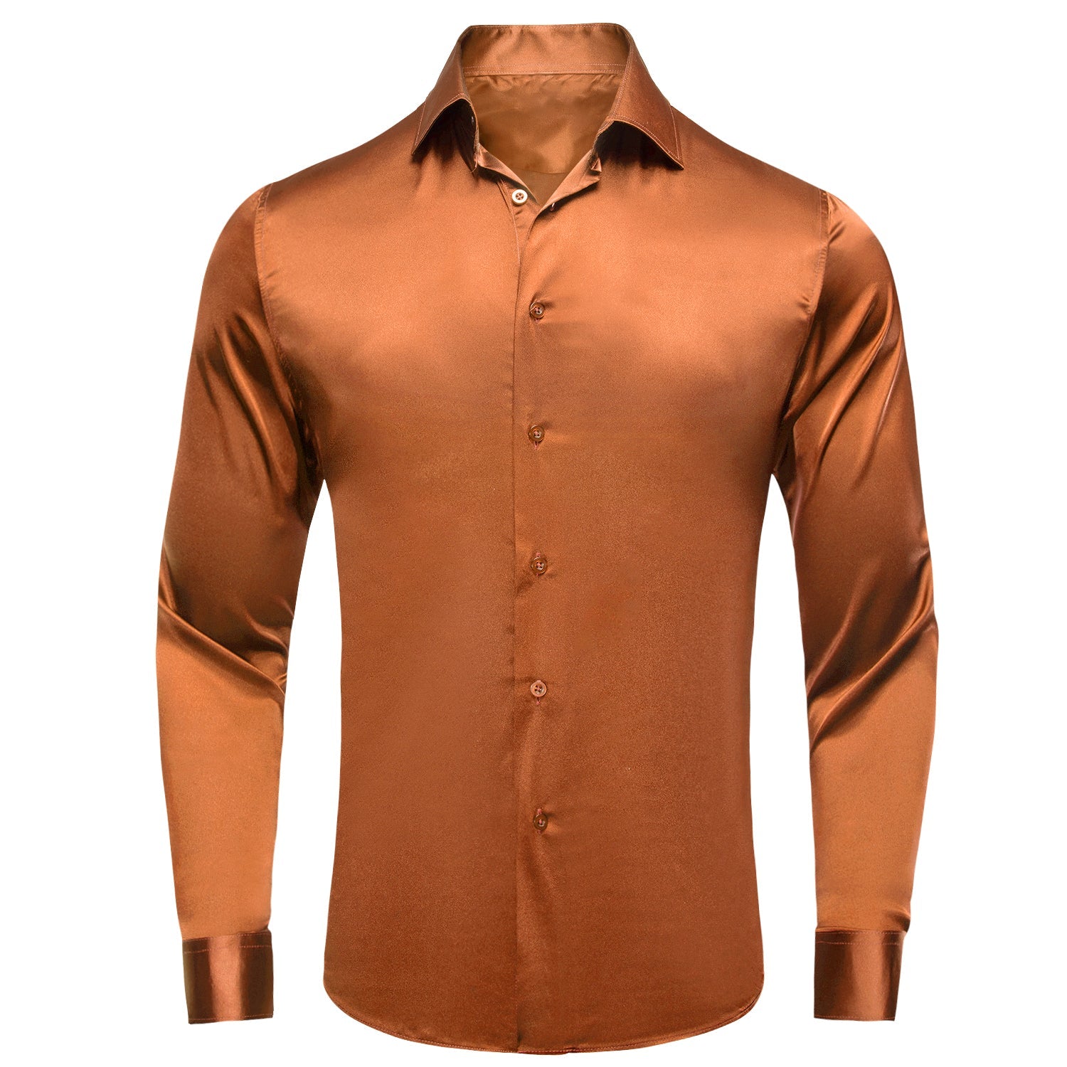 Burnt Orange Brown Solid Satin Men's Long Sleeve Dress Shirt