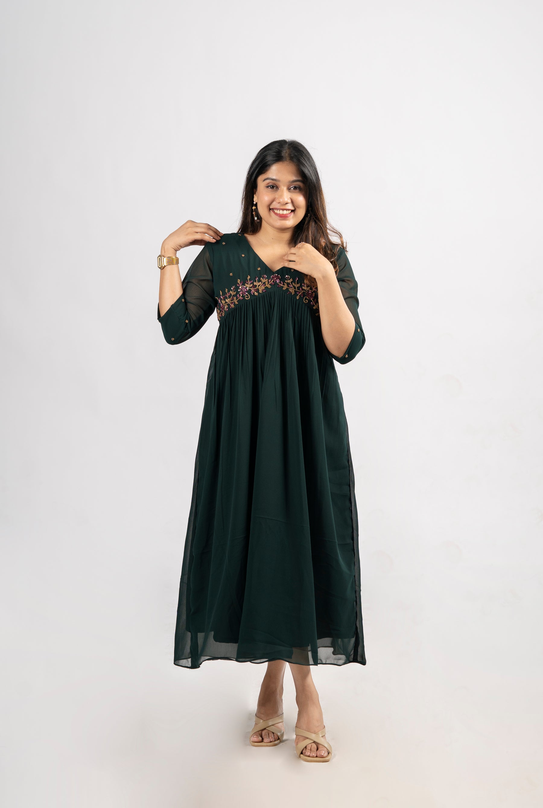 Alia cut A-line partywear georgette kurti in bottle green shade with handworked yoke and sleeves MBS-260