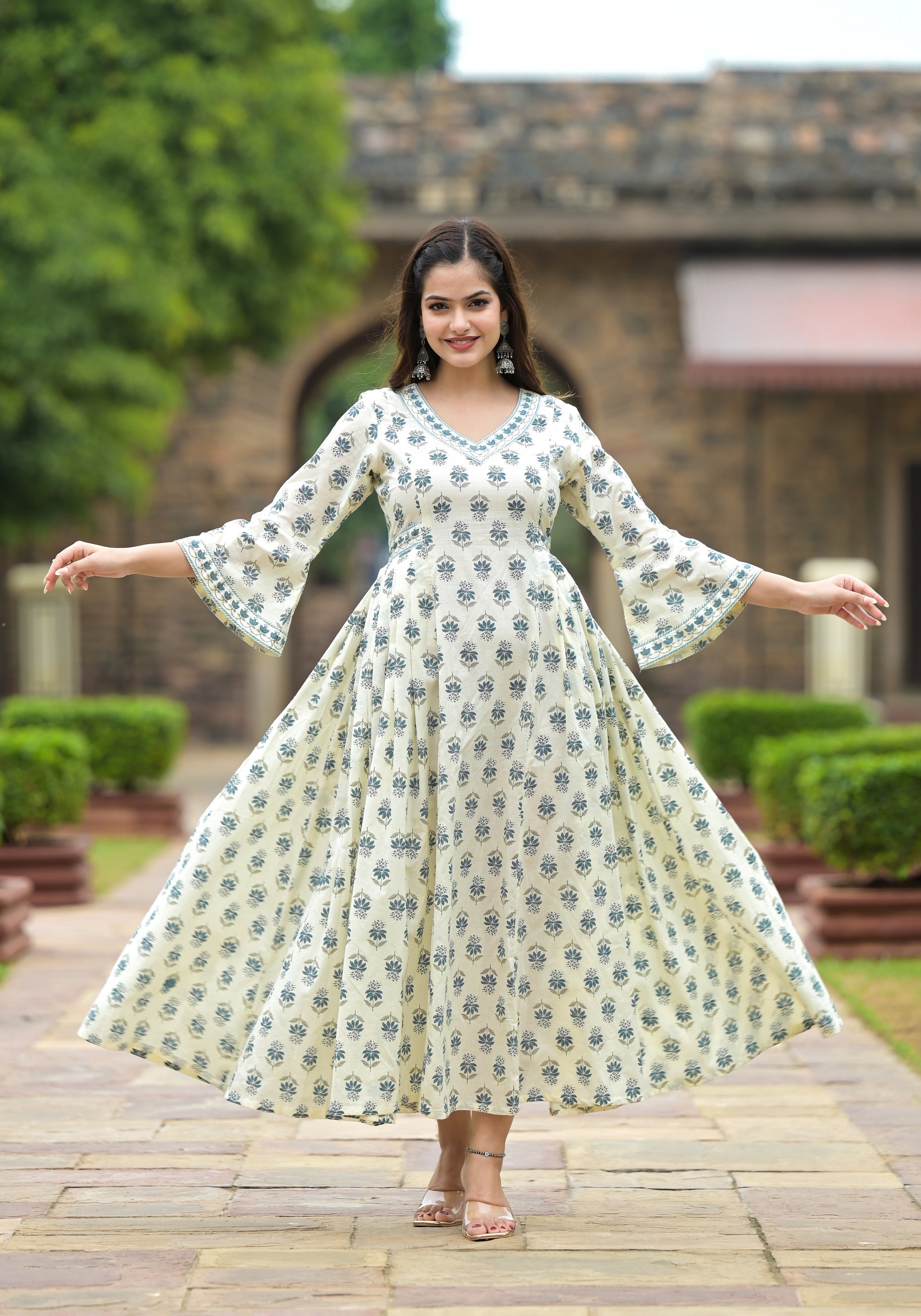 Urwa Off White Buti Print Cotton Flarey Dress