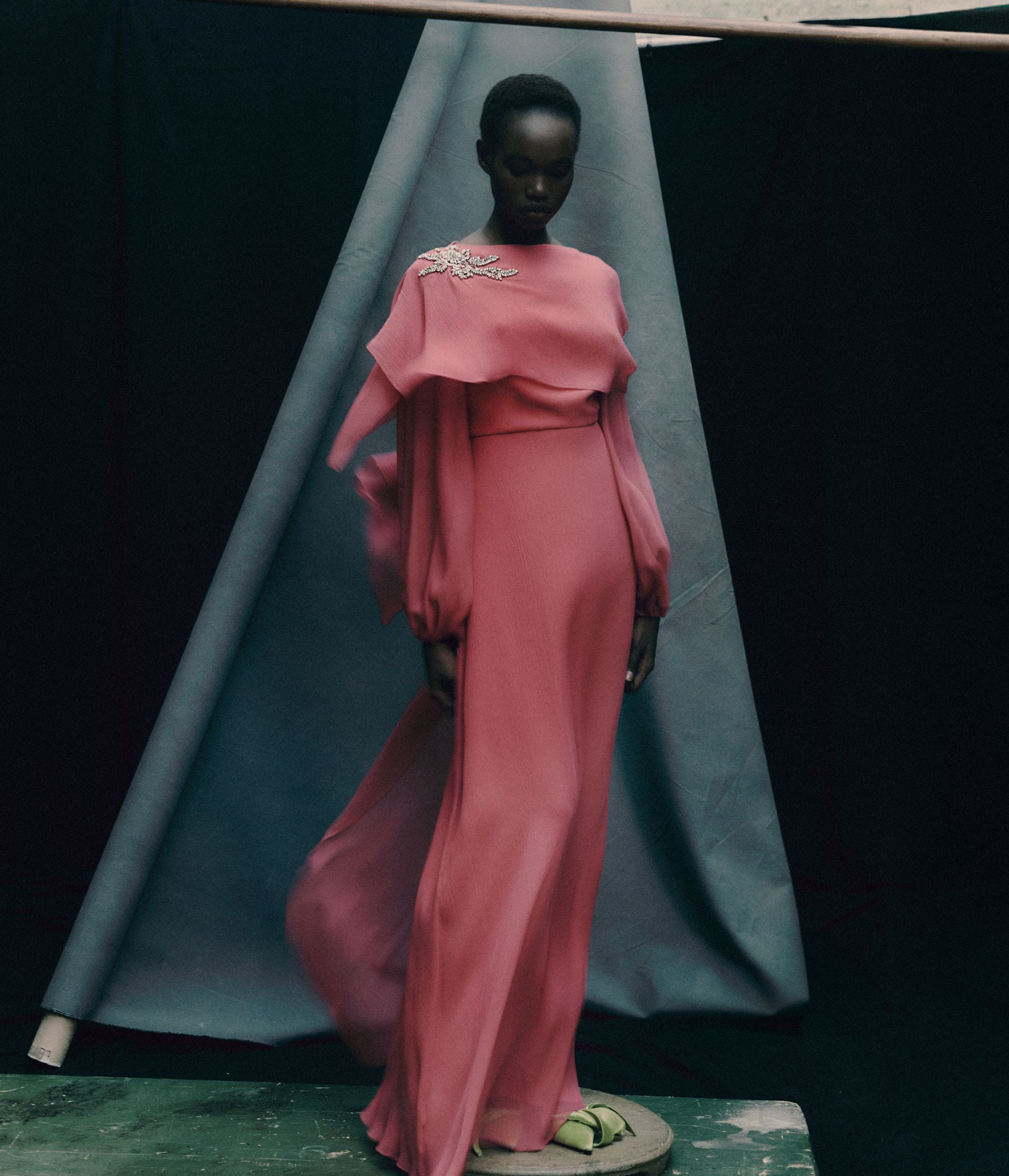 Embellished Silk Creponne Long Sleeve Gown