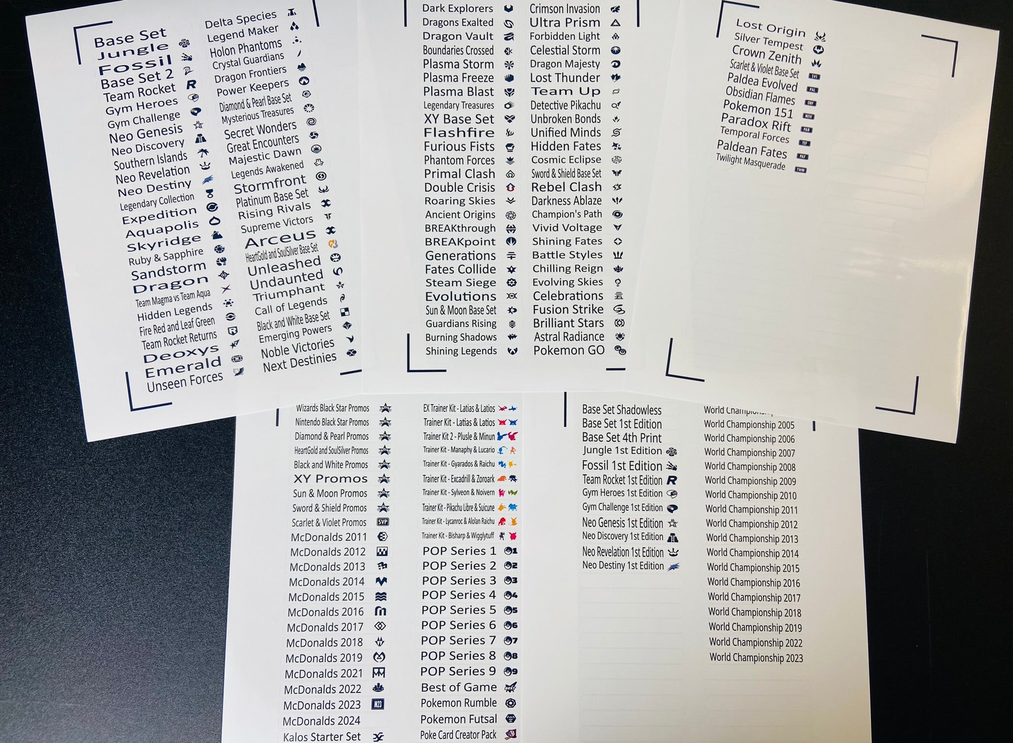 English Pokemon Card Set Names and Symbols Sticker Label Sheet
