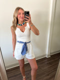 Contrast Belt Tie Waist Shorts- White