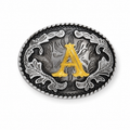 Belt buckle with silver and gold design featuring the letter 'A' on a white background