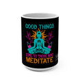 Front view of Meditation mug with calming spiritual design on glossy ceramic