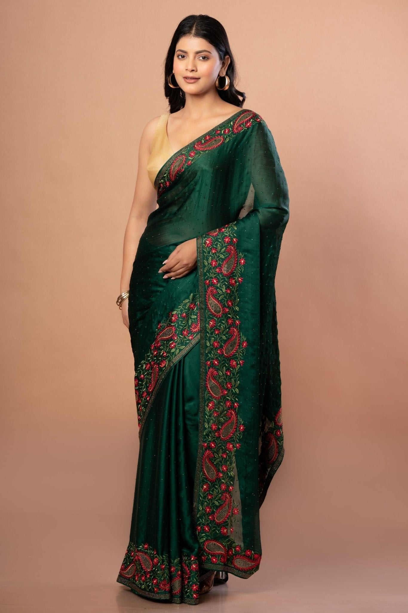 Green Chiffon Saree with Red Floral Embroidered Work - Anvi Couture