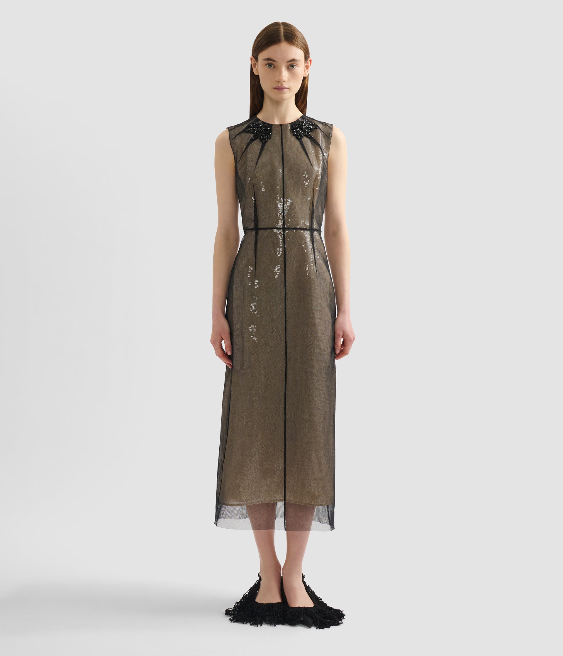 Embellished Organza Sequin Midi Dress