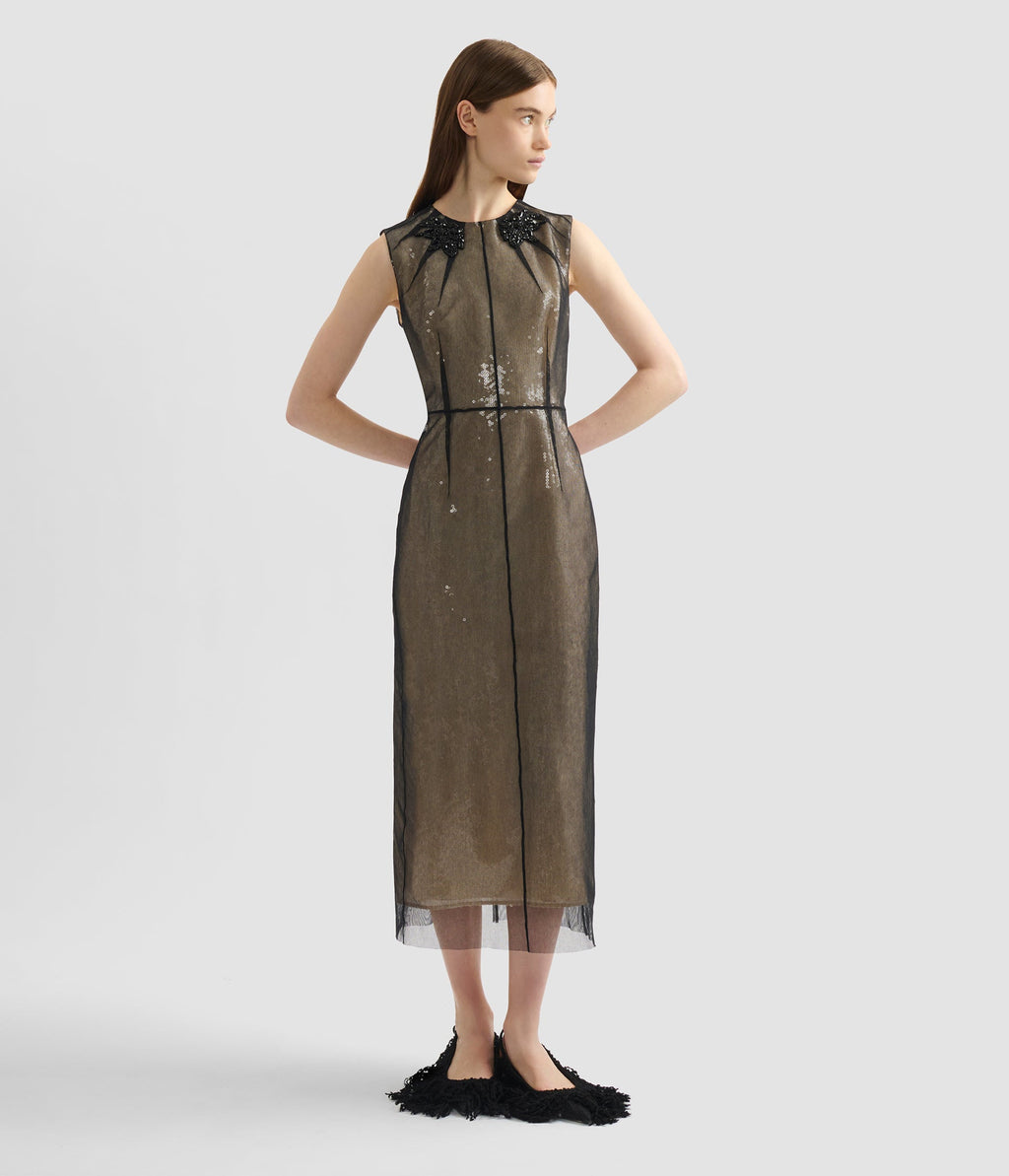 Embellished Organza Sequin Midi Dress
