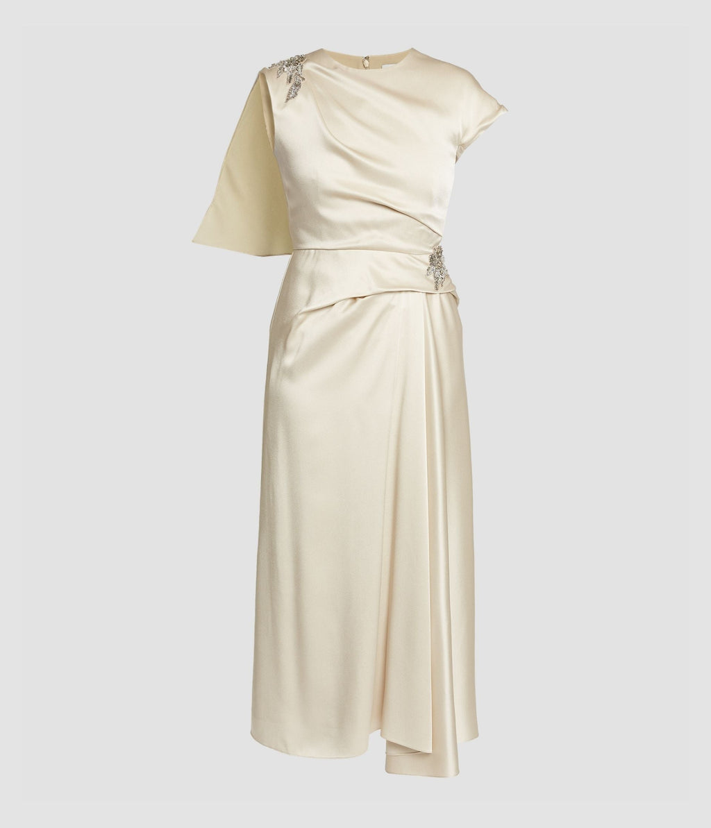 Embellished Satin Cady Draped Midi Dress