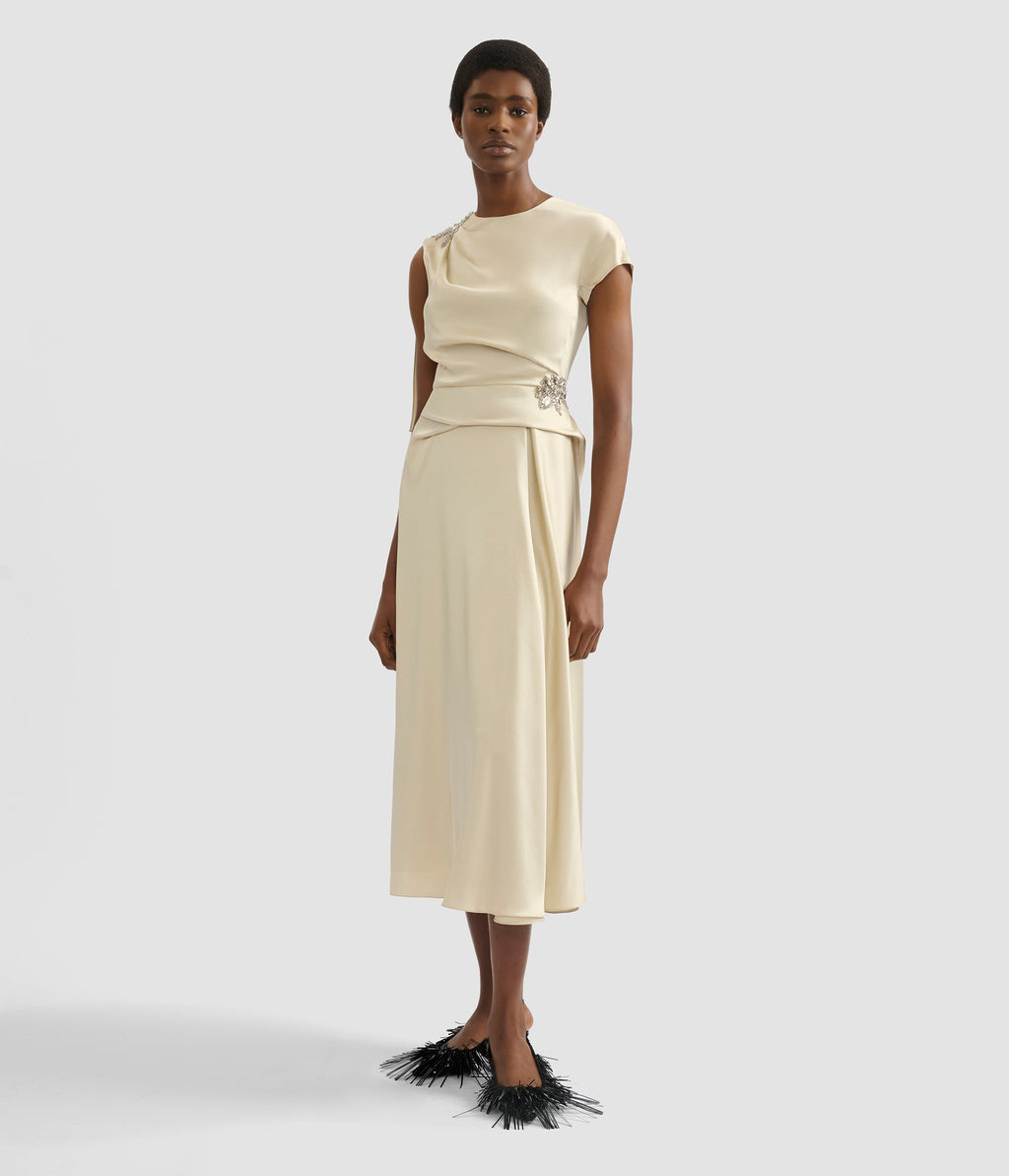 Embellished Satin Cady Draped Midi Dress