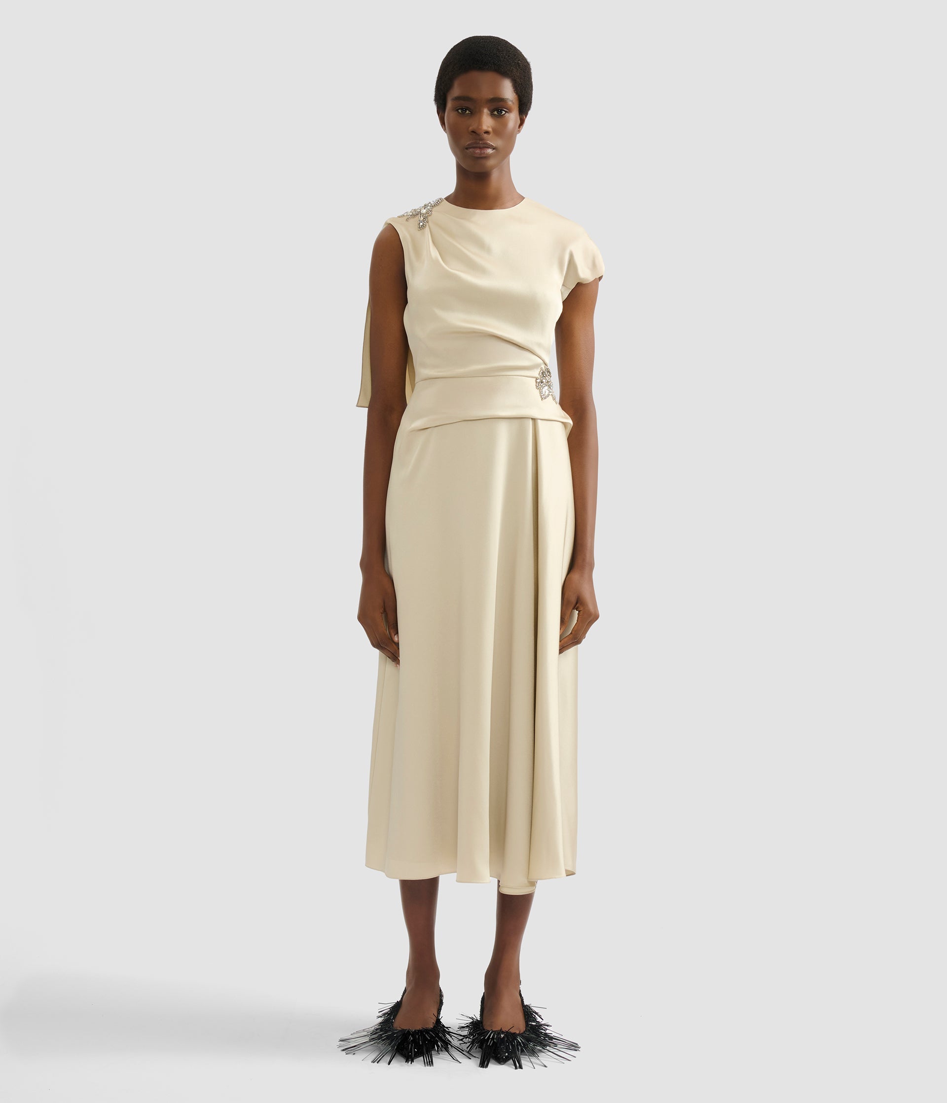 Embellished Satin Cady Draped Midi Dress
