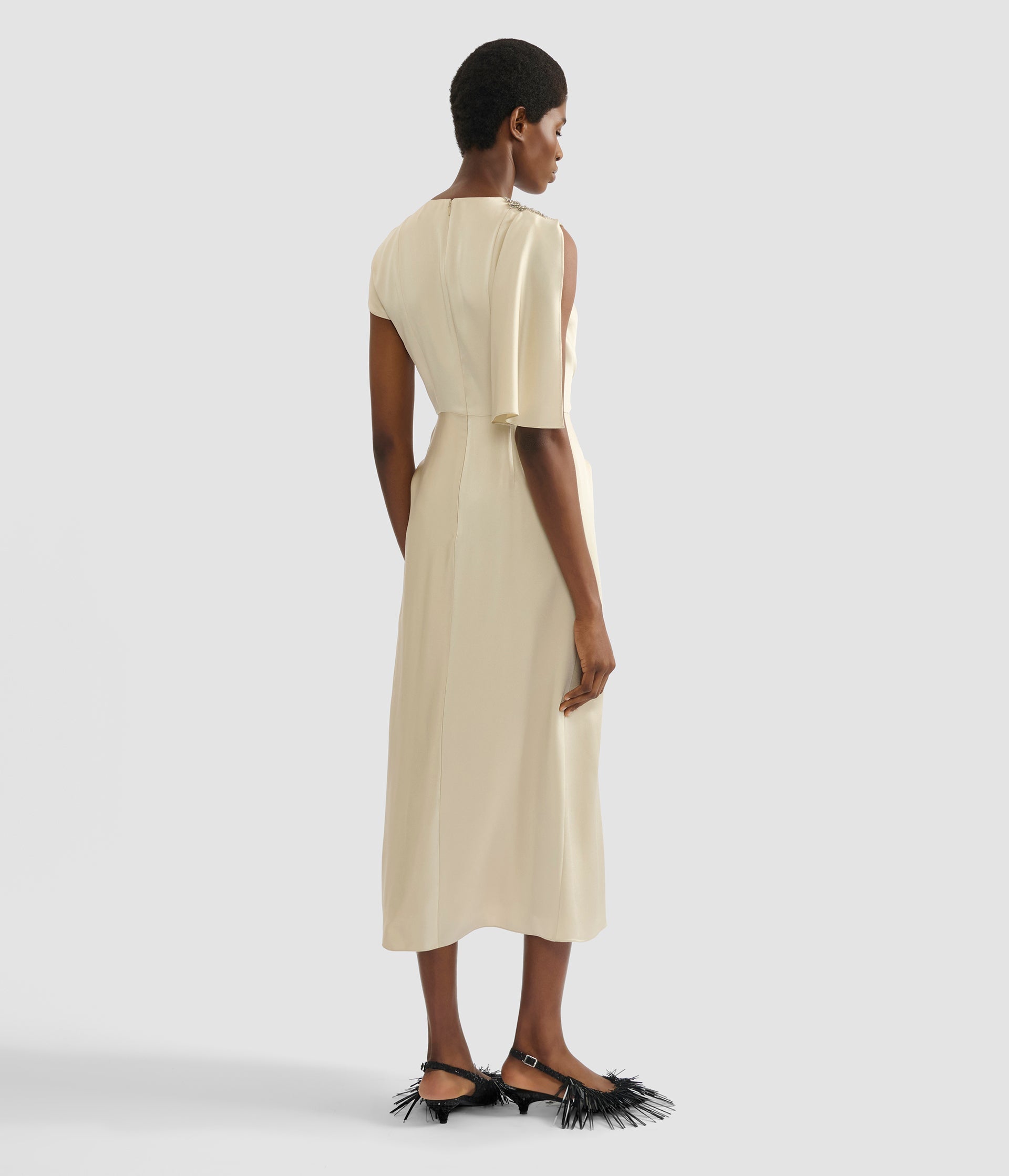 Embellished Satin Cady Draped Midi Dress