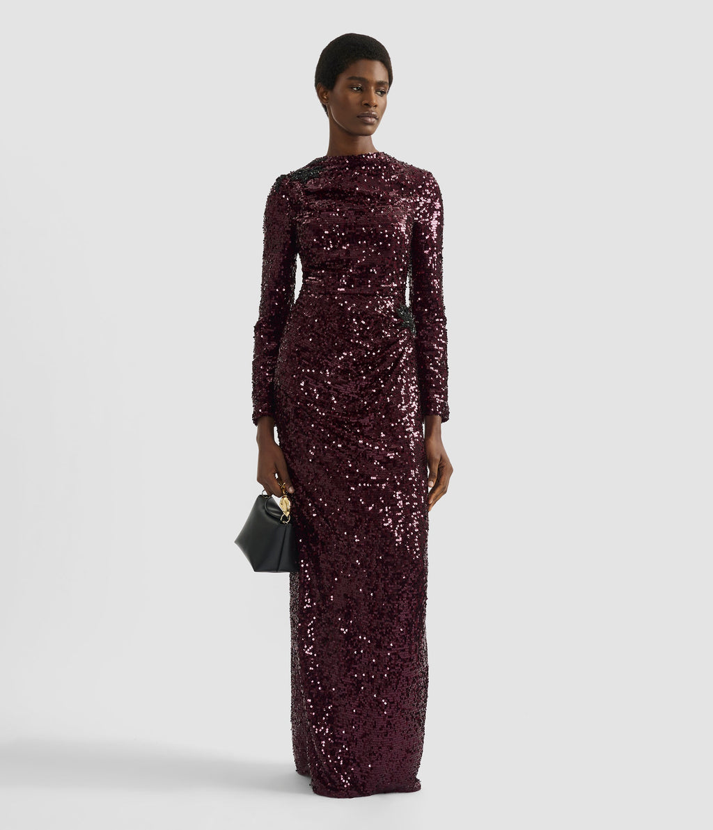 Embellished Sequin Long Sleeve Gown