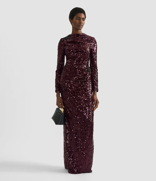 Embellished Sequin Long Sleeve Gown
