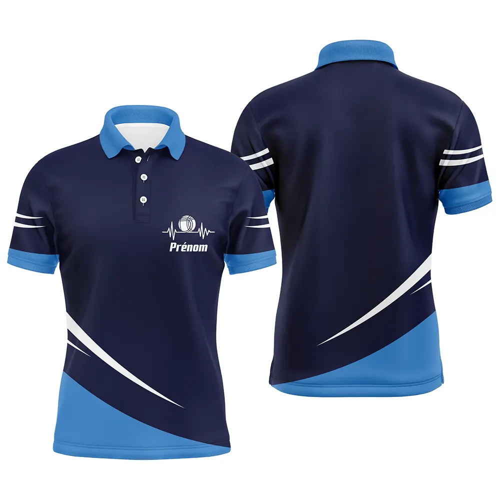 Polo pétanque bleu marine homme avec battement de cœur et boule de pétanque, lignes blanches sportives, prénom personnalisé