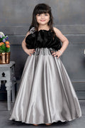 Black and silver satin sleeveless party gown for girls with floral detail