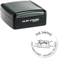 Black Slim Stamp self-inking stamp with clear cap and round white home address seal reading home sweet home.