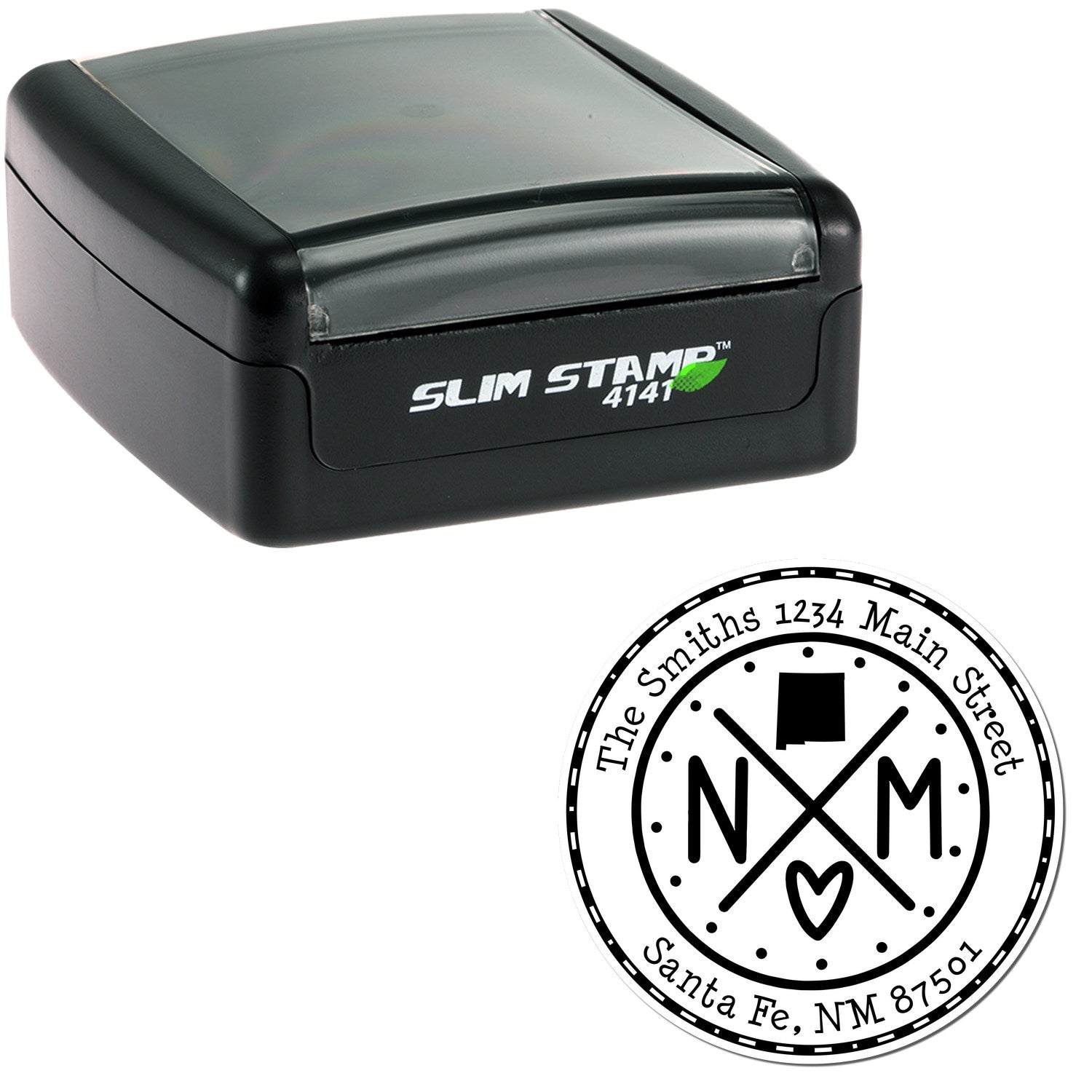Black Slim Stamp self-inking stamp with custom circular seal, black-and-white NM design, heart, and address.