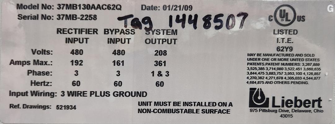 Liebert NPOWER Maintenance Bypass 480V (37MB130AAC62Q)