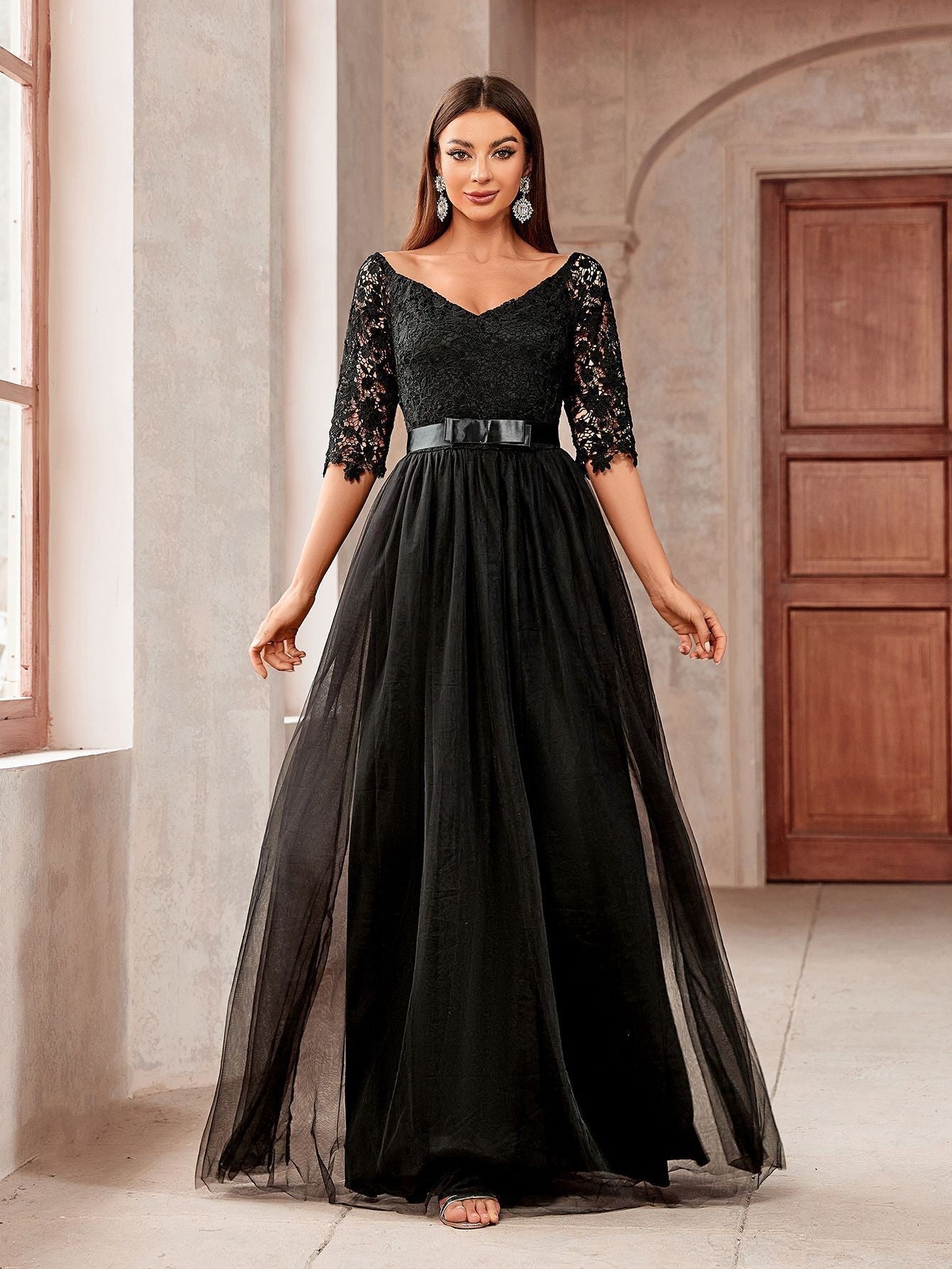 Dressime Stylish A Line V Neck Tulle Lace Half Sleeves Long Formal Dress With Belt
