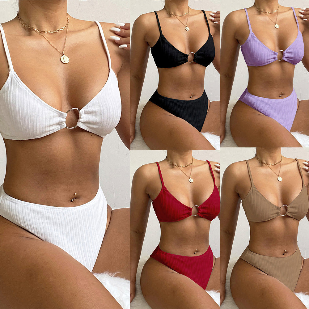 Femme Ribbet Højskåret Bikini-Sæt med Ringdetalje Stilla