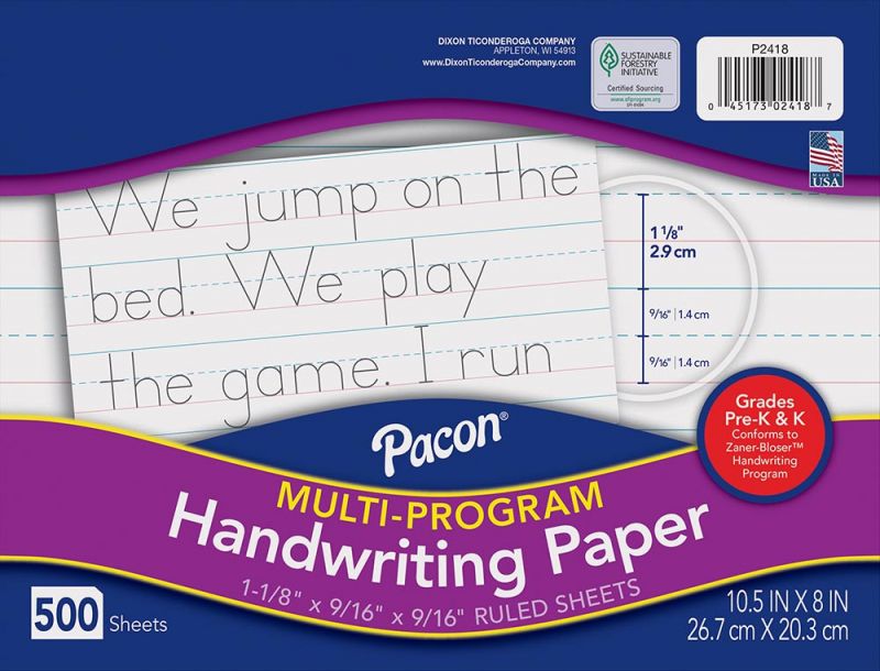 Multi-Program Handwriting Paper 10-1/2" x 8", Ruled Long Zaner-Bloser Grades Pre-K & K 500 Sheets