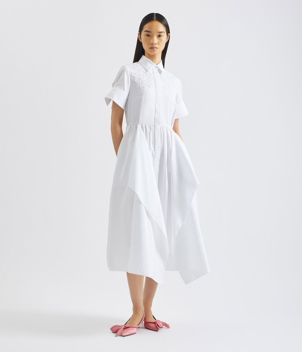 Floral Appliqué Draped Shirt Dress