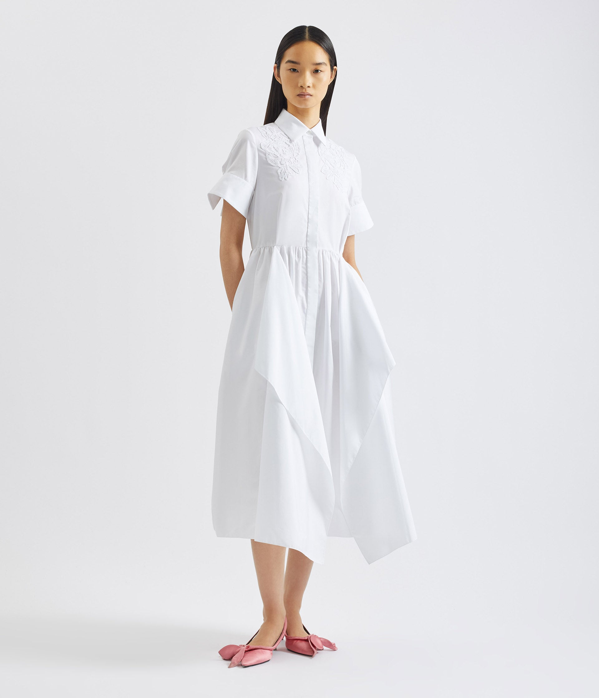 Floral Appliqué Draped Shirt Dress