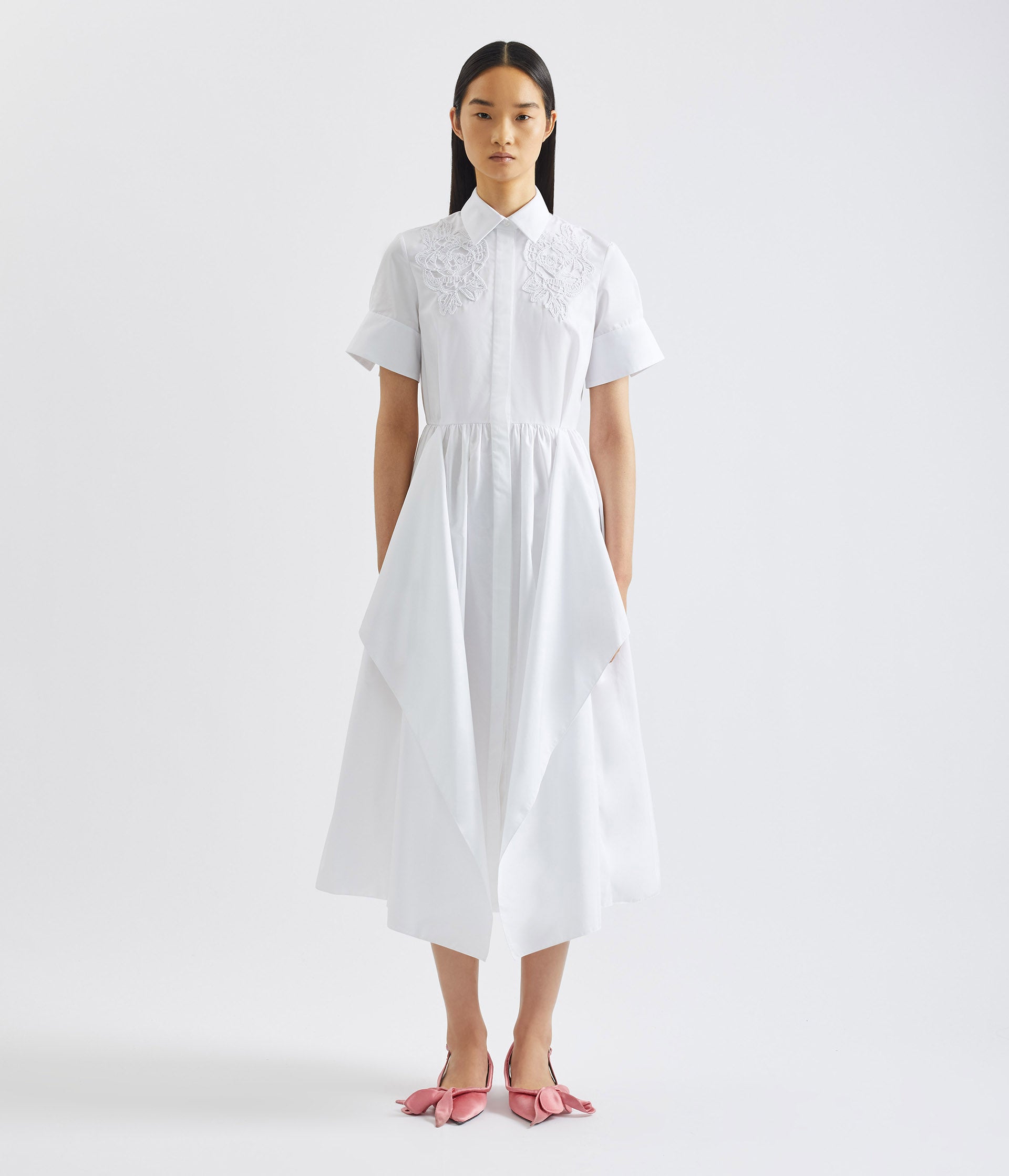 Floral Appliqué Draped Shirt Dress