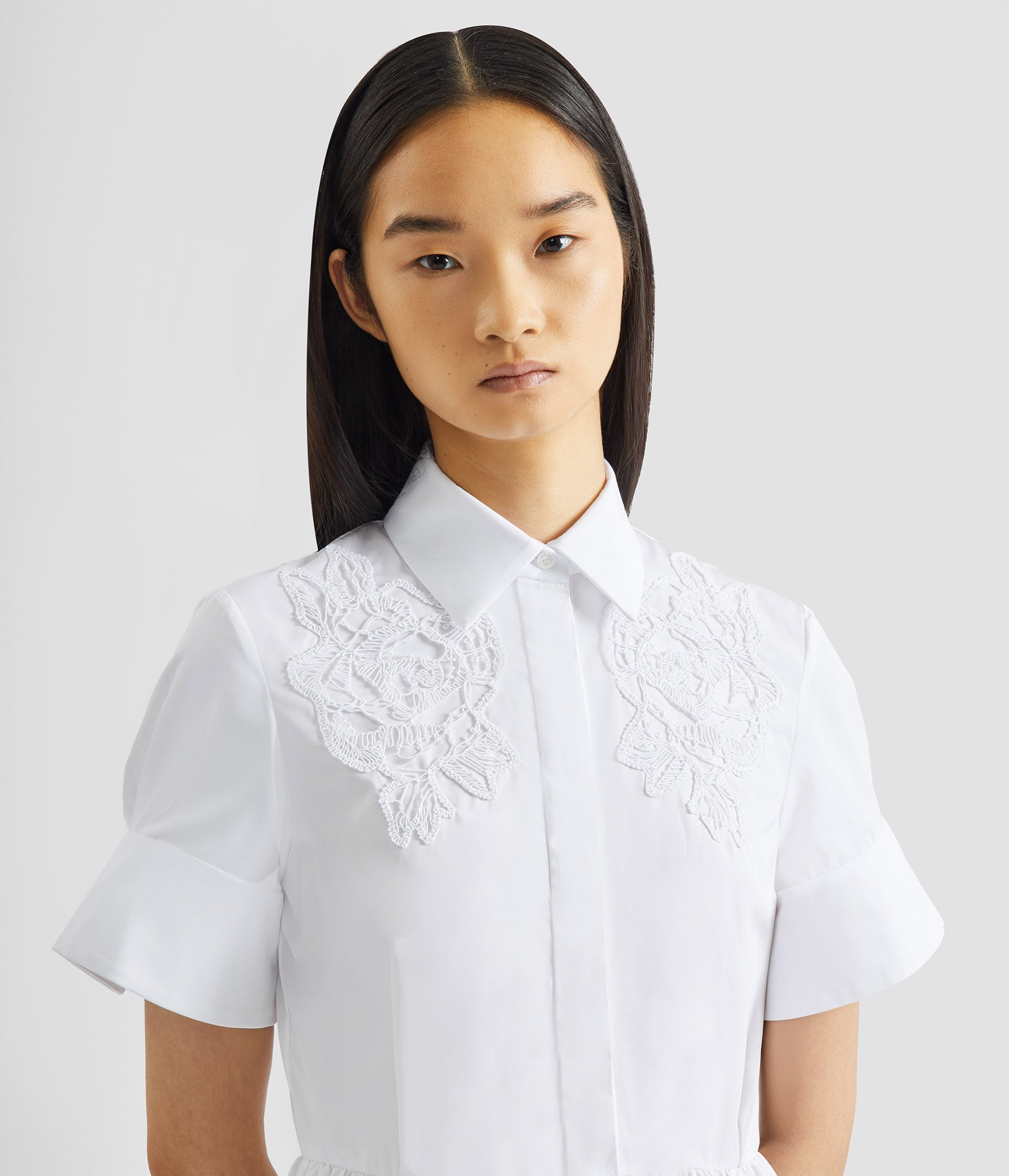 Floral Appliqué Draped Shirt Dress
