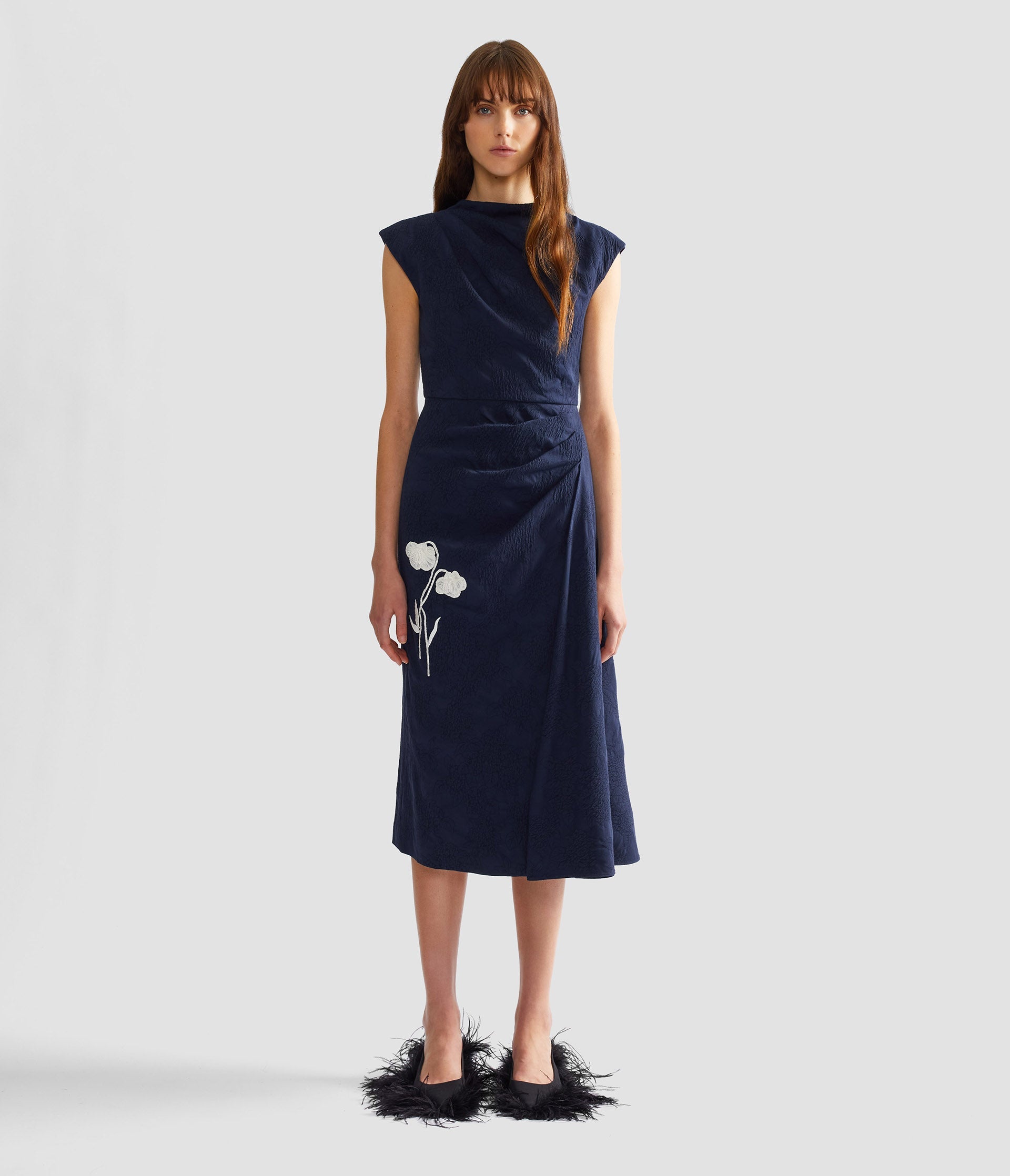 Flower Jacquard Draped Midi Dress
