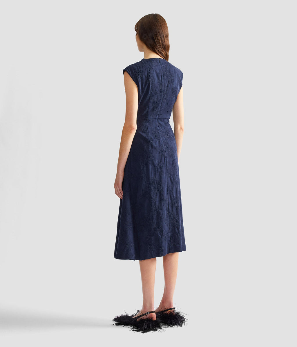 Flower Jacquard Draped Midi Dress