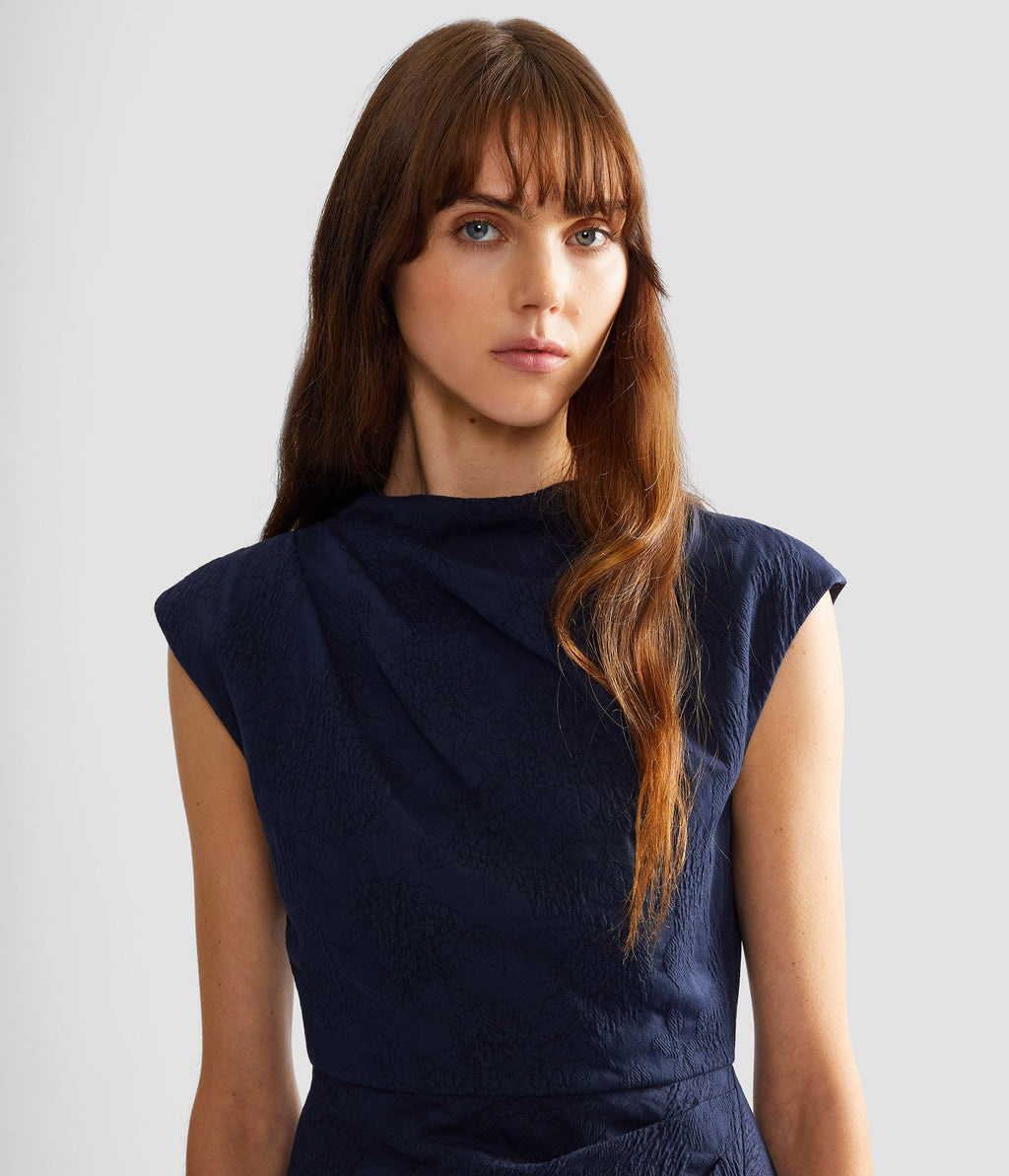 Flower Jacquard Draped Midi Dress