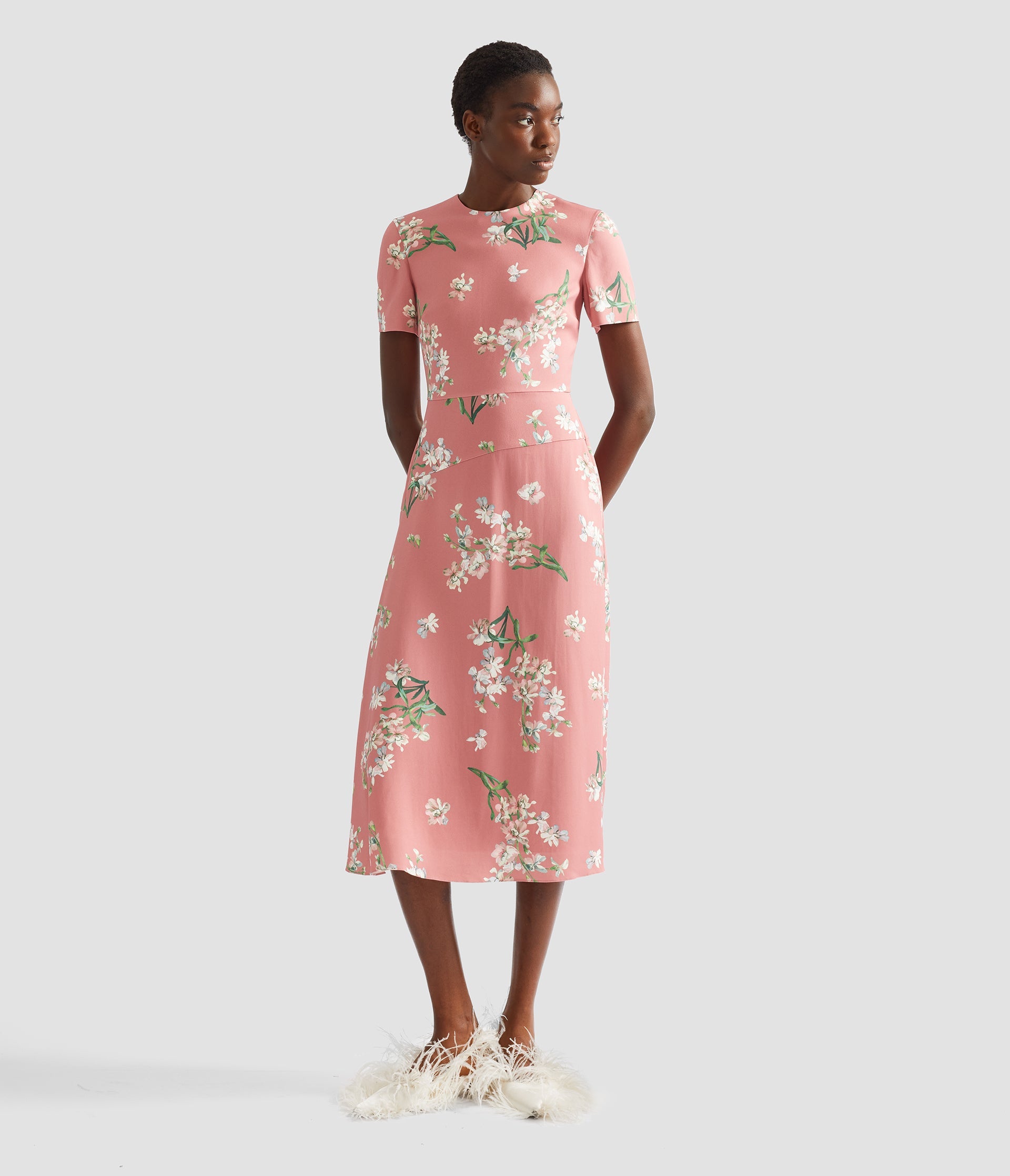 Floral Stretch Cady Draped Midi Dress