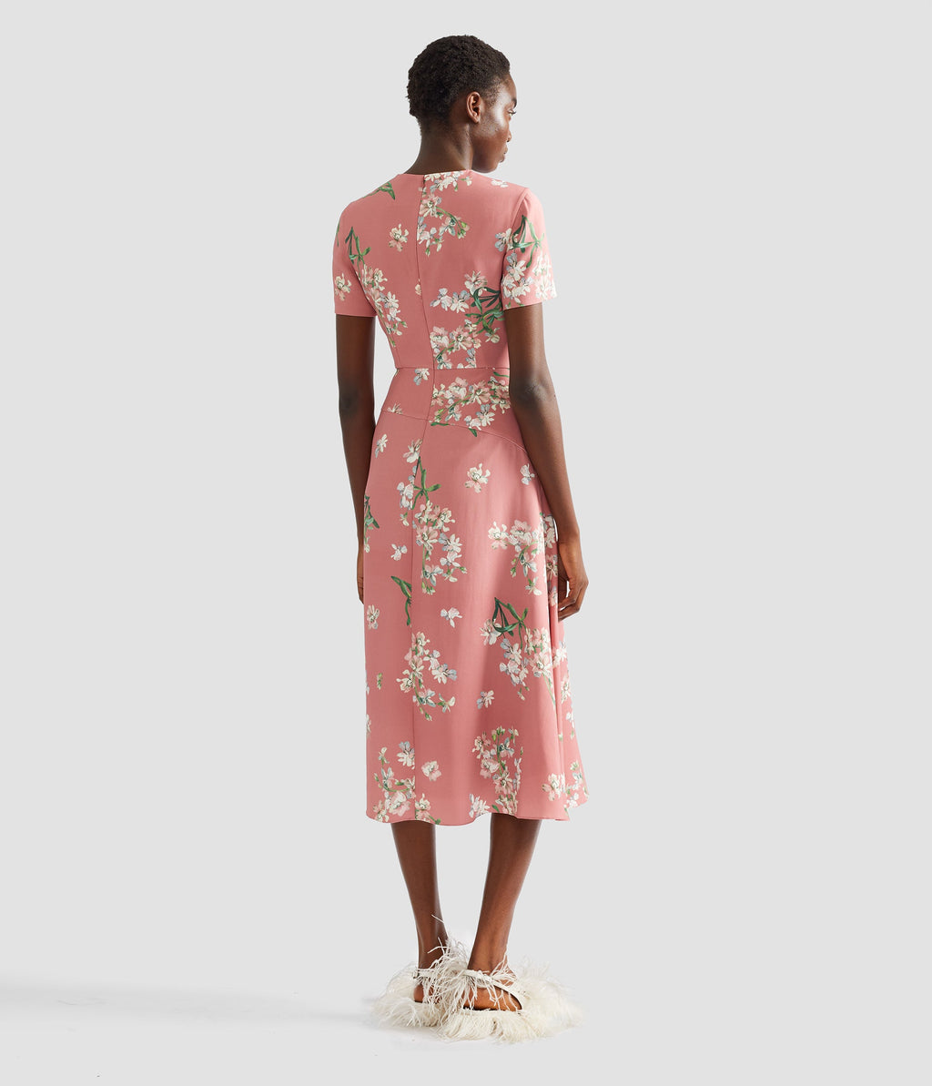 Floral Stretch Cady Draped Midi Dress