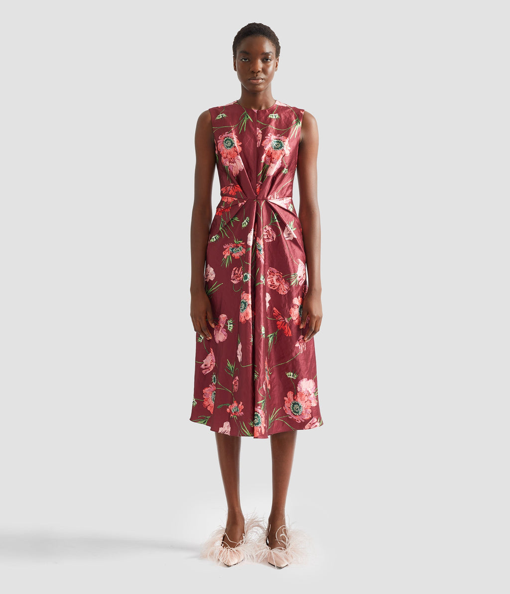 Floral Textured Satin Sleeveless Midi Dress