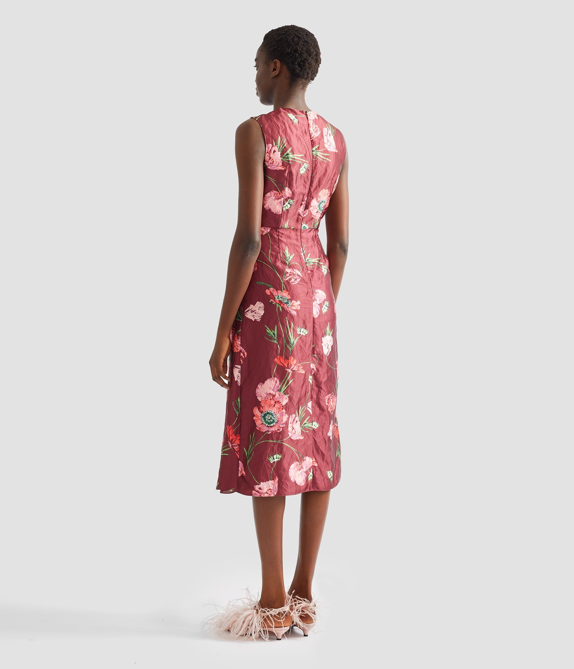 Floral Textured Satin Sleeveless Midi Dress