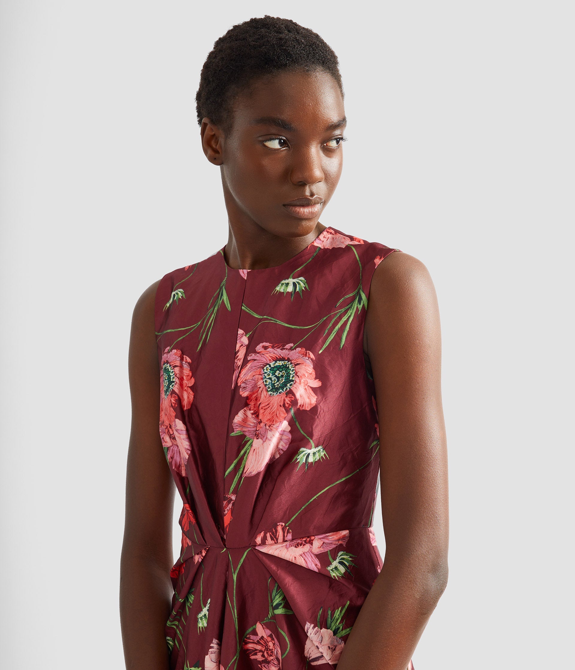 Floral Textured Satin Sleeveless Midi Dress