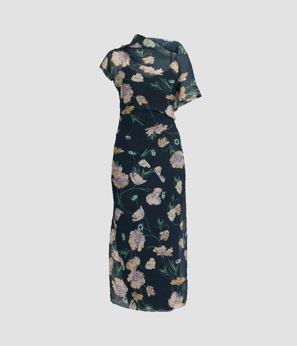 Floral Organza Cloque Asymmetric Midi Dress