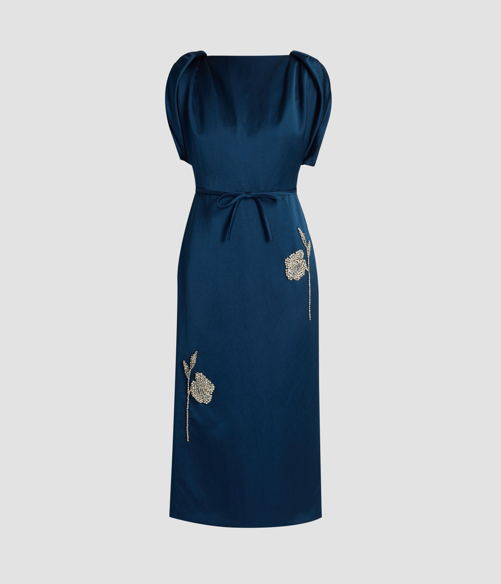 Embroidered Satin Short Sleeve Midi Dress