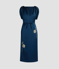 Embroidered Satin Short Sleeve Midi Dress