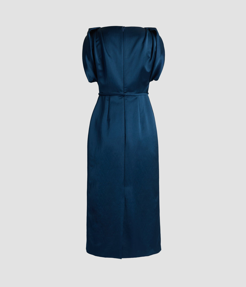 Embroidered Satin Short Sleeve Midi Dress