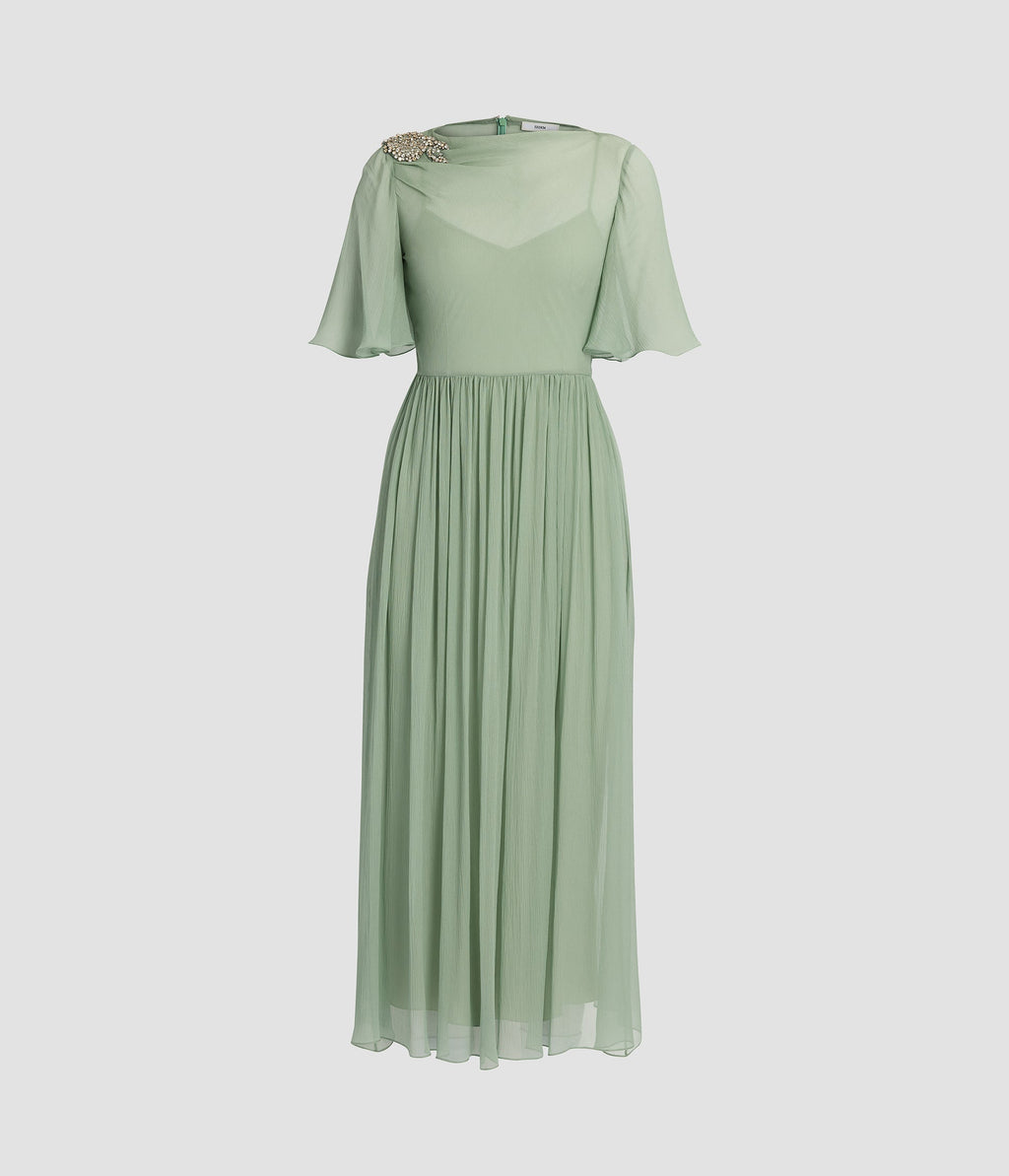 Embellished Silk Creponne Short Sleeve Midi Dress