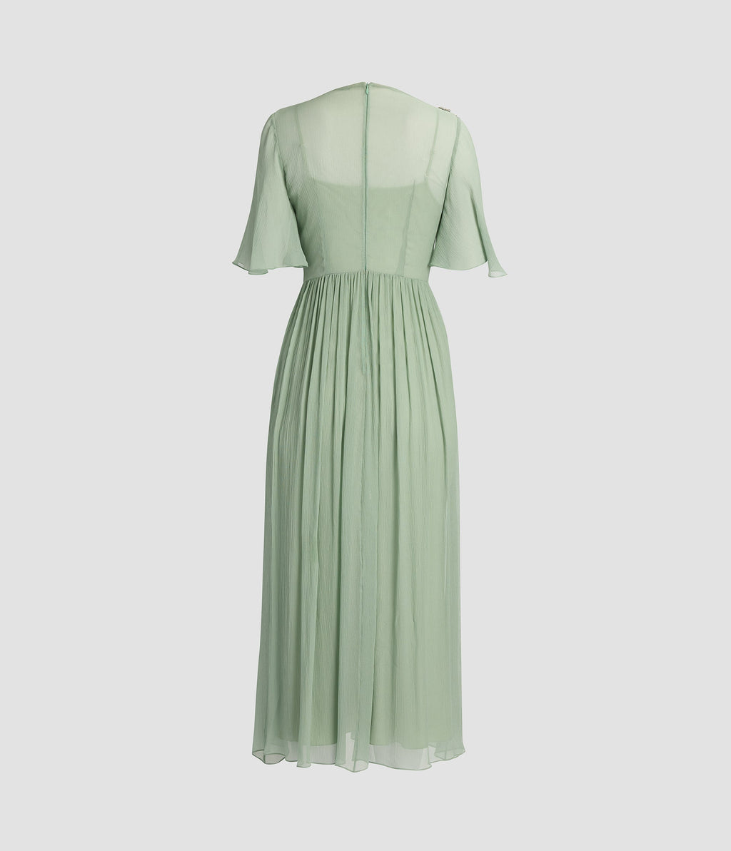 Embellished Silk Creponne Short Sleeve Midi Dress