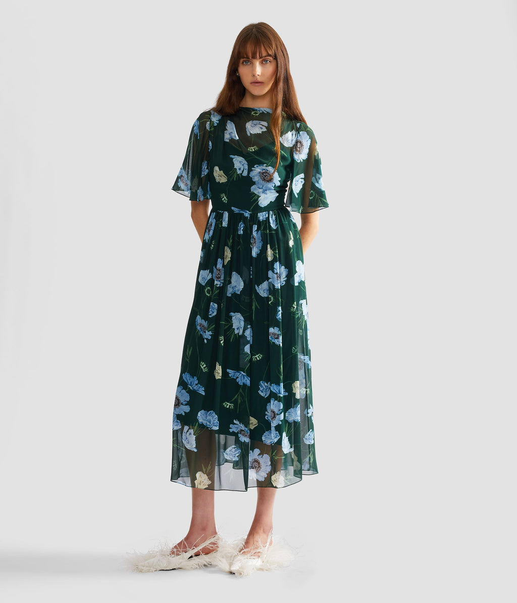 Floral Silk Voile Short Sleeve Midi Dress