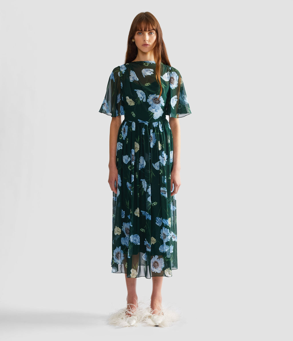 Floral Silk Voile Short Sleeve Midi Dress